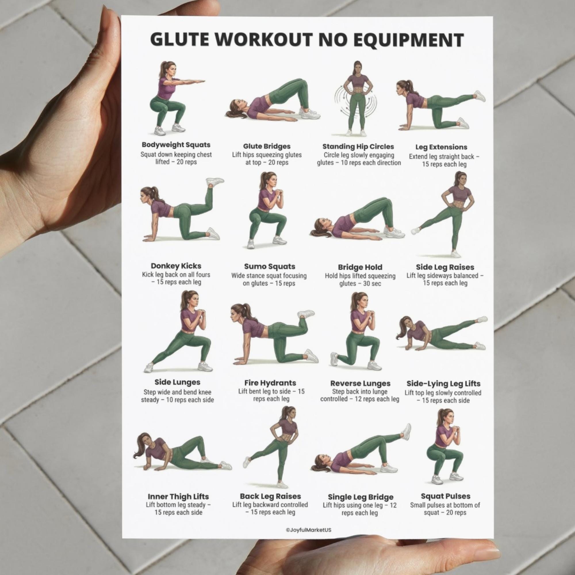 Glute Workout No Equipment Printable PDF, Glutes Exercise Chart, Lower ...