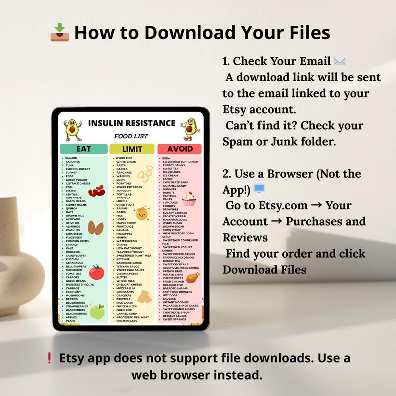 May include: A digital download graphic with the text "How to Download Your Files" and instructions for Etsy purchases. The image includes a food list for insulin resistance, categorized as "Eat," "Limit," and "Avoid," with various food items listed.