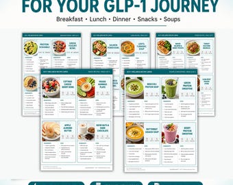 Puede incluir: Una colección digital de 20 recetas altas en proteínas para un viaje GLP-1, presentada en cinco páginas imprimibles. Las tarjetas incluyen categorías de comidas como desayuno, almuerzo, cena, bocadillos y sopas con ingredientes e instrucciones.