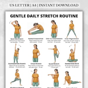 Pode incluir: Um guia imprimível intitulado "GENTLE DAILY STRETCH ROUTINE" com ilustrações de vários alongamentos. O guia inclui instruções para alongamentos do pescoço, peito e interior da coxa, entre outros. O texto no topo diz "US LETTER | A4 | INSTANT DOWNLOAD".