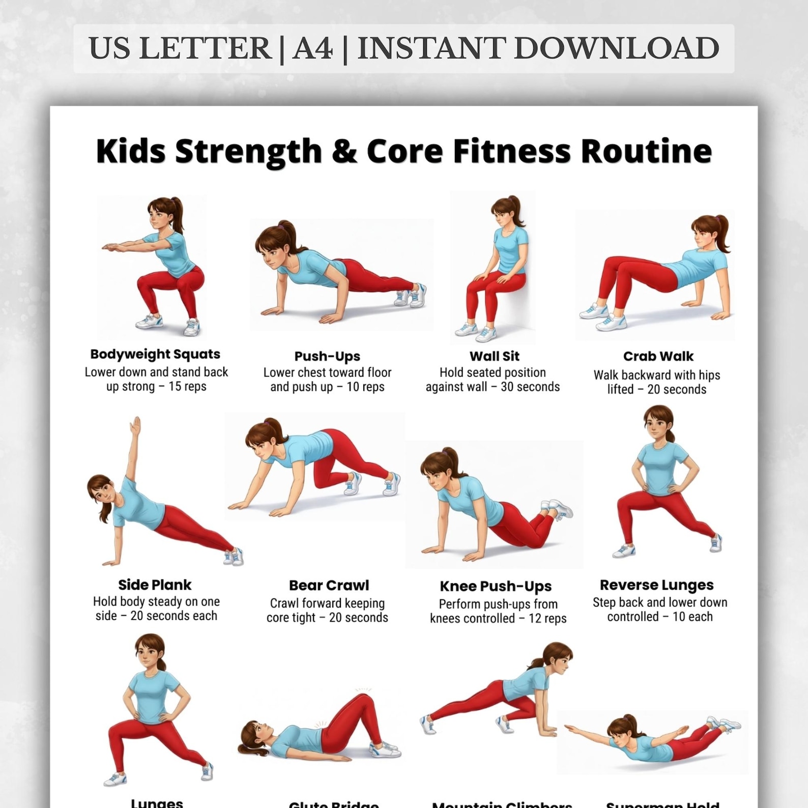 Kids Strength and Core Workout Printable PDF, 16 Exercises for Children ...