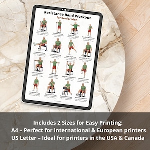Resistance Band Workout for Senior Men printable poster with 16 seated and standing resistance band exercises for home strength training PDF