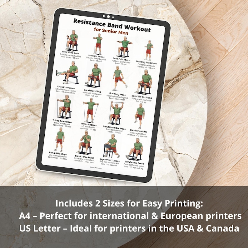 Resistance Band Workout for Senior Men printable poster with 16 seated and standing resistance band exercises for home strength training PDF