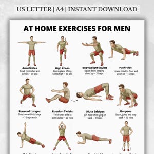 May include: A printable workout guide titled "At Home Exercises For Men" with exercise illustrations. Exercises include arm circles, high knees, bodyweight squats, push-ups, forward lunges, Russian twists, glute bridges, and burpees. The guide is available for instant download.