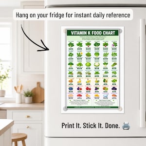 May include: A Vitamin K food chart magnet on a refrigerator door. The chart is green and white, listing various foods and their Vitamin K content. Text at the top says "Hang on your fridge for instant daily reference." The bottom text reads "Print It. Stick It. Done."