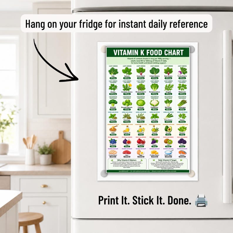 May include: A Vitamin K food chart magnet on a refrigerator door. The chart is green and white, listing various foods and their Vitamin K content. Text at the top says "Hang on your fridge for instant daily reference." The bottom text reads "Print It. Stick It. Done."
