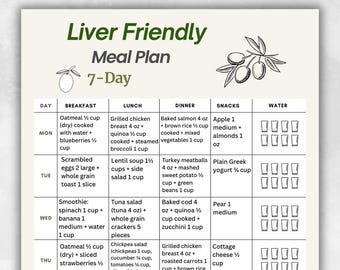 Plan de comidas de 7 días para el hígado (imprimible), plan de comidas para la dieta hepática (PDF), plan de comidas para el hígado, plan de comidas bajo en grasas y sodio (descarga digital)