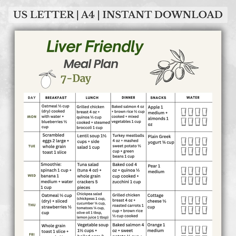 Liver Friendly 7 Day Meal Plan Printable PDF showing a weekly meal plan layout with breakfast, lunch, dinner and snack for each day. Digital food planning document using US measurements, designed as a clean, easy to read printable page. Includes A4 and US Letter formats. Digital download file, no physical item included.
