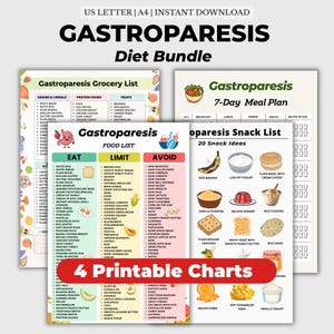 Op de afbeelding: Een digitale downloadbundel met vier afdrukbare lijsten voor een gastroparesisdieet, waaronder een boodschappenlijst, een 7-daags maaltijdplan, een voedingslijst en een snacklijst. De lijsten bevatten lijsten met voedingsmiddelen om te eten, te beperken en te vermijden.