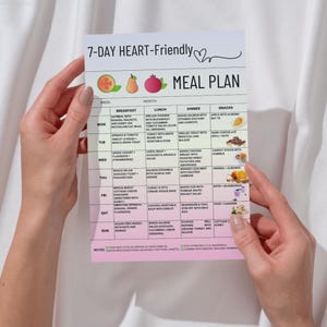 Printable 7-day heart-friendly meal plan PDF with clean eating ideas for breakfast, lunch, dinner, and snacks. Includes eat, limit, and avoid food chart. Designed for low sodium and whole food grocery planning. Suitable for those following a heart-conscious lifestyle or looking to organize weekly meals. US Letter and A4 formats. Instant digital download.