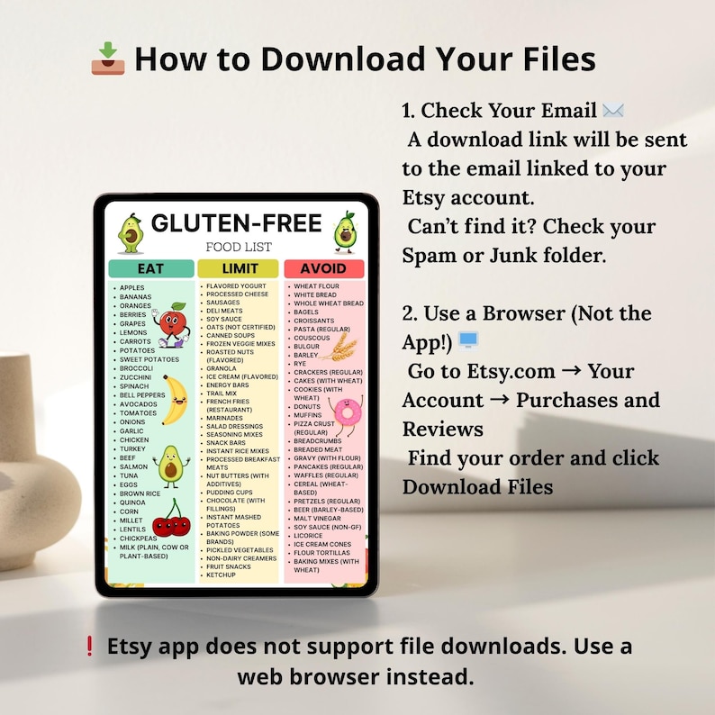 Gluten free grocery list printable with categorized food items for celiac and gluten intolerance, available as instant PDF download