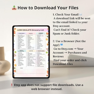 Low Oxalate Grocery List Printable – 6 Category Chart with 120 Foods – PDF Download for Meal Planning and Kitchen Organization