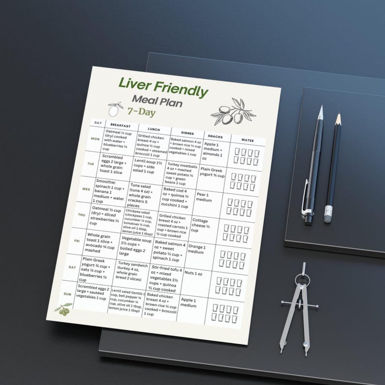 Liver Friendly 7 Day Meal Plan Printable PDF showing a weekly meal plan layout with breakfast, lunch, dinner and snack for each day. Digital food planning document using US measurements, designed as a clean, easy to read printable page. Includes A4 and US Letter formats. Digital download file, no physical item included.