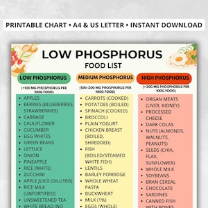 Low Phosphorus Food List Printable, Phosphorus Chart,  CKD Food List, Dialysis Grocery List, Kidney Foods List, Renal Food List