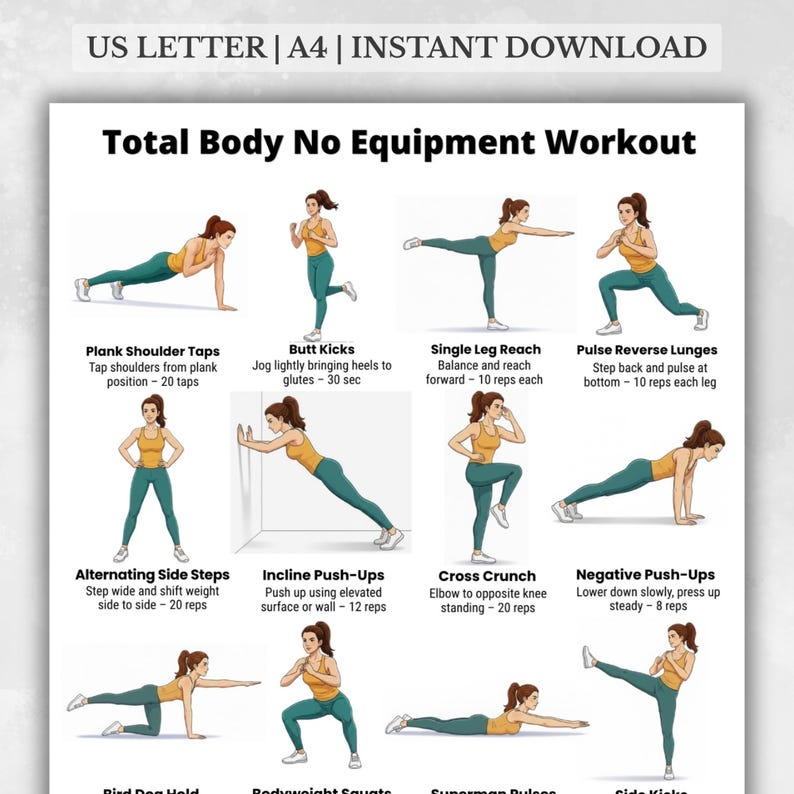 Total Body No Equipment Workout Printable Full Body at Home Exercise