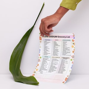 Low sodium grocery list printable PDF showing 6 categories with 20 foods each for meal planning and shopping, instant digital download.