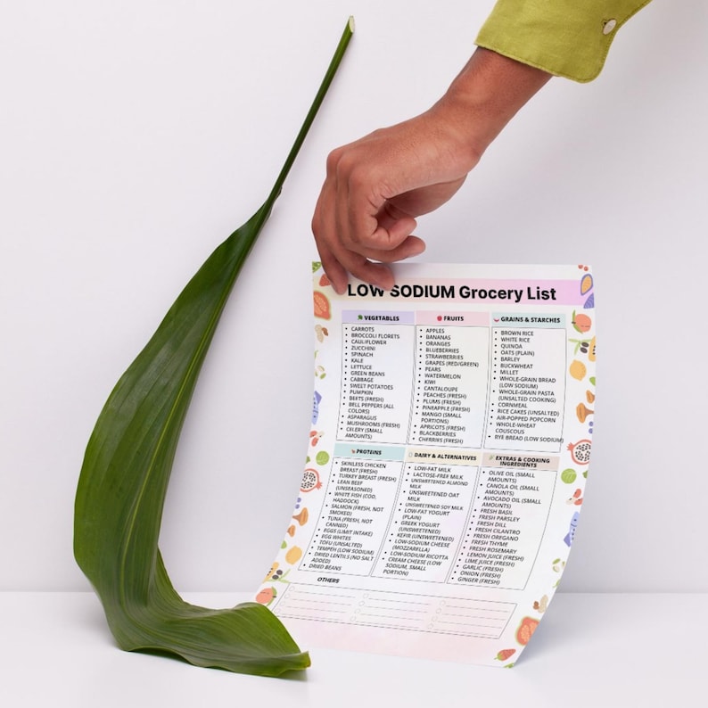 Low sodium grocery list printable PDF showing 6 categories with 20 foods each for meal planning and shopping, instant digital download.