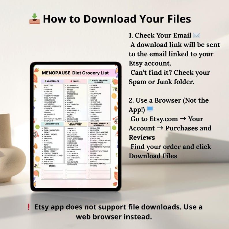 Menopause diet grocery list printable · low estrogen foods for women over 40 · categorized grocery chart PDF · instant download