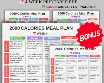 May include: A 2000 Calories Meal Plan, a 4-week printable PDF with a bonus grocery list. The meal plan includes breakfast, lunch, dinner, and snack options for each day of the week, with a red "BONUS" sticker.