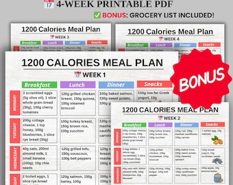 Plan de alimentación de 1200 calorías (4 semanas) en PDF, lista de alimentos para la dieta de 1200 calorías, preparación de comidas de 1200 calorías, descarga del plan de dieta baja en calorías + lista de la compra