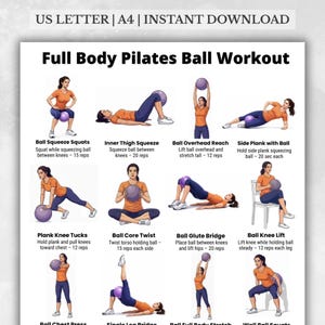 Full Body Pilates Ball Workout Printable PDF, Stability Ball Exercises Poster, Core and Glutes Training Routine, Home Fitness Chart