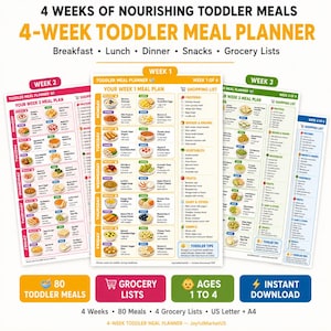 May include: A 4-week toddler meal planner document featuring organised breakfast, lunch, dinner, and snack schedules for each day of the week. The pages include detailed grocery lists, nutritional categories, and toddler feeding tips for ages 1 to 4.