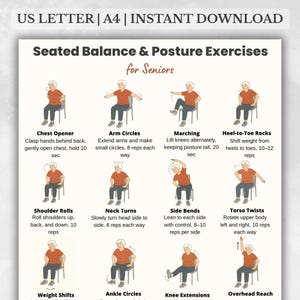 May include: A printable exercise guide for seniors, featuring illustrations of seated balance and posture exercises. The guide includes instructions for exercises like arm circles, heel-toe rocks, and torso twists, promoting flexibility and strength.