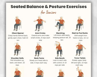 Seated Balance and Posture Exercises for Seniors Printable, Chair Workout Chart for Older Adults, Low Impact Exercise Poster