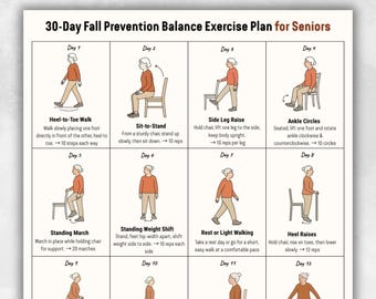 30 Day Balance Exercises for Seniors Printable | Fall Prevention Exercise Plan | Seated and Standing Workout Chart | Fitness Routine PDF