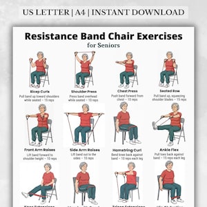 Pode incluir: Um guia imprimível intitulado "Exercícios com banda de resistência em cadeira para idosos". O guia apresenta ilustrações de exercícios como flexões de bíceps, pressão de ombros e flexões de isquiotibiais, usando bandas de resistência enquanto está sentado. O texto no topo diz "US LETTER | A4 | INSTANT DOWNLOAD."