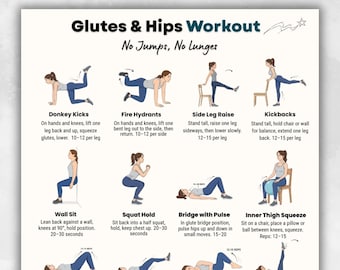 Entrenamiento de glúteos y caderas / Tabla de ejercicios imprimible / Rutina de ejercicios en casa sin saltos / Póster de entrenamiento de la parte inferior del cuerpo para mujeres