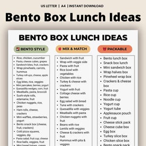 Bento Box Lunch Ideas Printable, Kids Bento Lunchbox Ideas, Packable School Lunch Combos List PDF, Bento Lunch Ideas, Instant Download