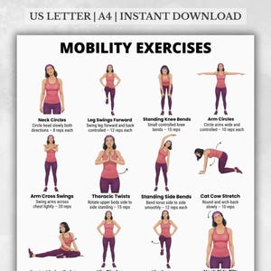 Könnte beinhalten: Ein druckbares Poster mit dem Titel "MOBILITY EXERCISES" und Illustrationen verschiedener Übungen. Die Übungen umfassen Nackenkreisen, Beinschwingen und Armkreisen. Das Poster ist für den sofortigen Download konzipiert.