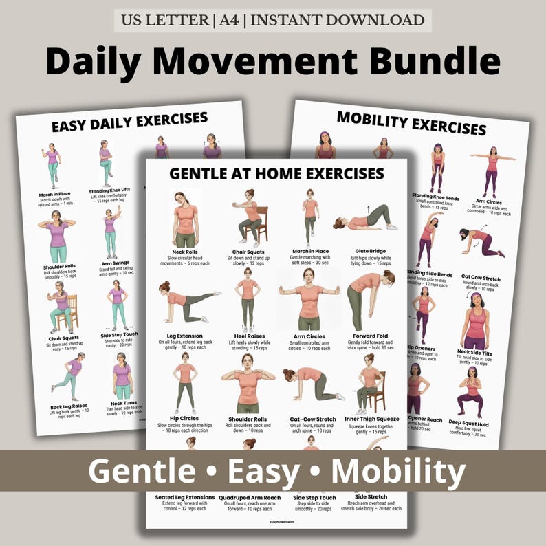 Daily Movement Workout Bundle printable set with gentle at home exercises easy daily routine and mobility exercise posters for beginners PDF