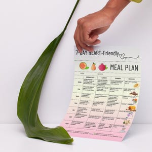 Printable 7-day heart-friendly meal plan PDF with clean eating ideas for breakfast, lunch, dinner, and snacks. Includes eat, limit, and avoid food chart. Designed for low sodium and whole food grocery planning. Suitable for those following a heart-conscious lifestyle or looking to organize weekly meals. US Letter and A4 formats. Instant digital download.