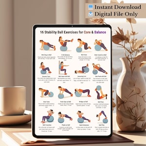 Printable fitness poster showing 16 stability ball exercises for core and balance training, illustrated step-by-step workout chart using an exercise ball, designed as a clean A4 and US Letter PDF for home workouts and gym wall reference.