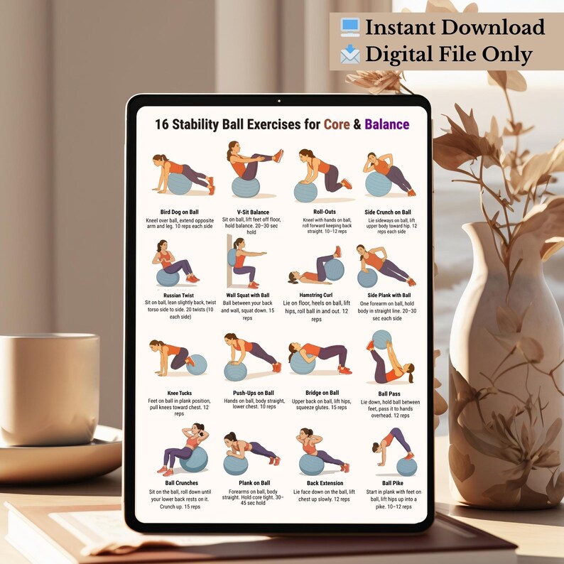 Printable fitness poster showing 16 stability ball exercises for core and balance training, illustrated step-by-step workout chart using an exercise ball, designed as a clean A4 and US Letter PDF for home workouts and gym wall reference.