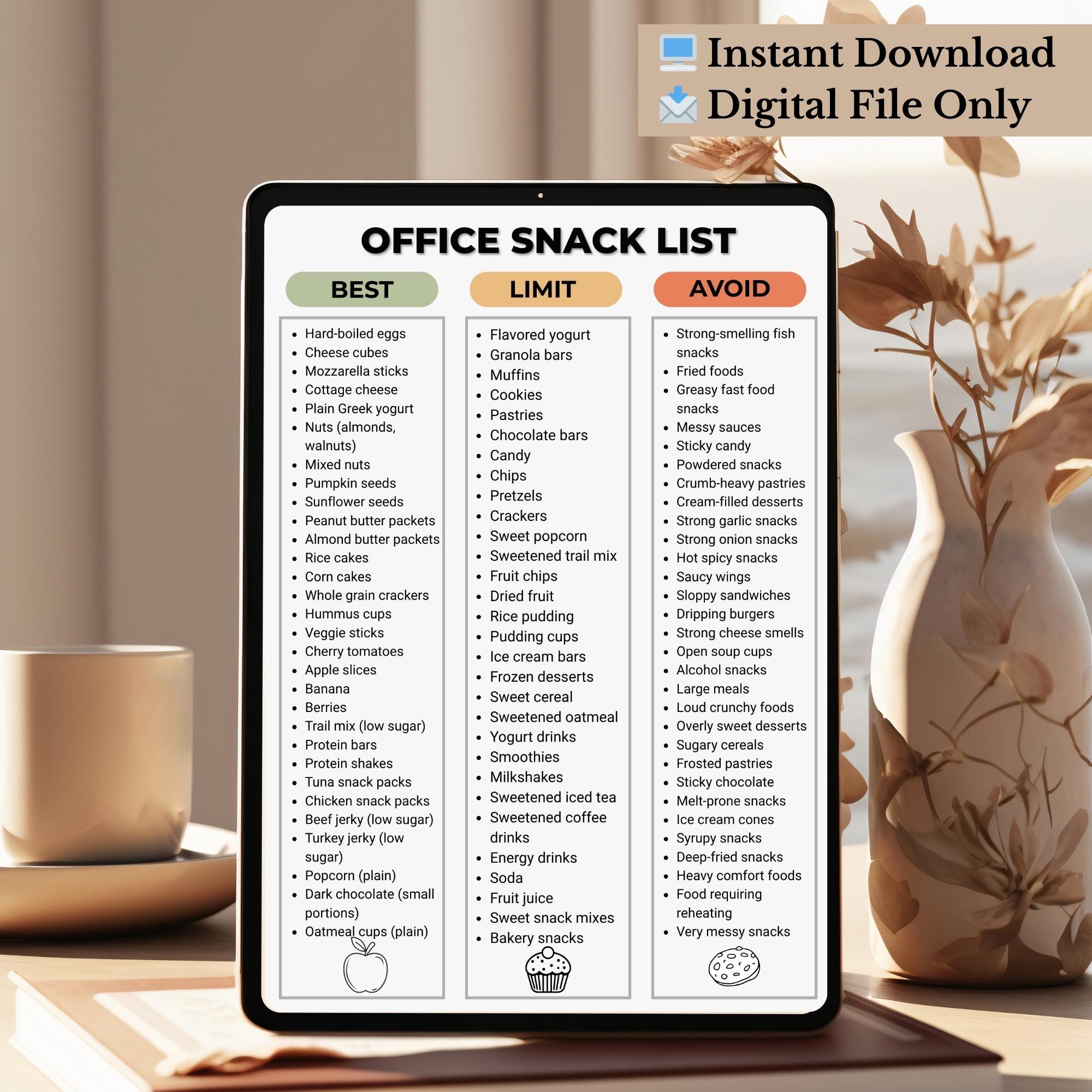 Office Snack List Printable | Work Snack Ideas PDF | Snack List ...