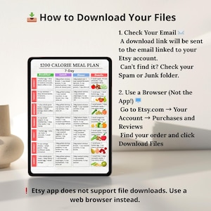 "1200 Calorie Meal Plan PDF – 7-day printable meal schedule including breakfast, lunch, dinner, and snack. Designed for daily structure and portion control. Includes a bonus grocery list with all ingredients organized by food category. Ideal for meal prep, calorie tracking, and weekly menu planning. Comes in A4 and US Letter formats. Perfect for those following a 1200 calorie per day routine.