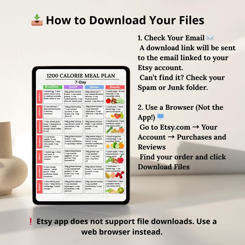 "1200 Calorie Meal Plan PDF – 7-day printable meal schedule including breakfast, lunch, dinner, and snack. Designed for daily structure and portion control. Includes a bonus grocery list with all ingredients organized by food category. Ideal for meal prep, calorie tracking, and weekly menu planning. Comes in A4 and US Letter formats. Perfect for those following a 1200 calorie per day routine.
