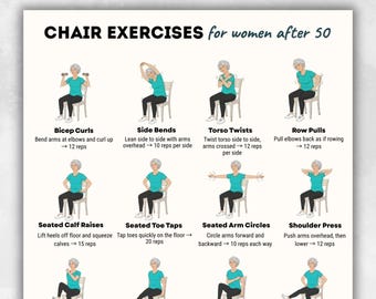 Chair Exercises for Women After 50 Printable | Seated Workout Chart | Gentle Home Fitness Routine | Illustrated Exercise PDF