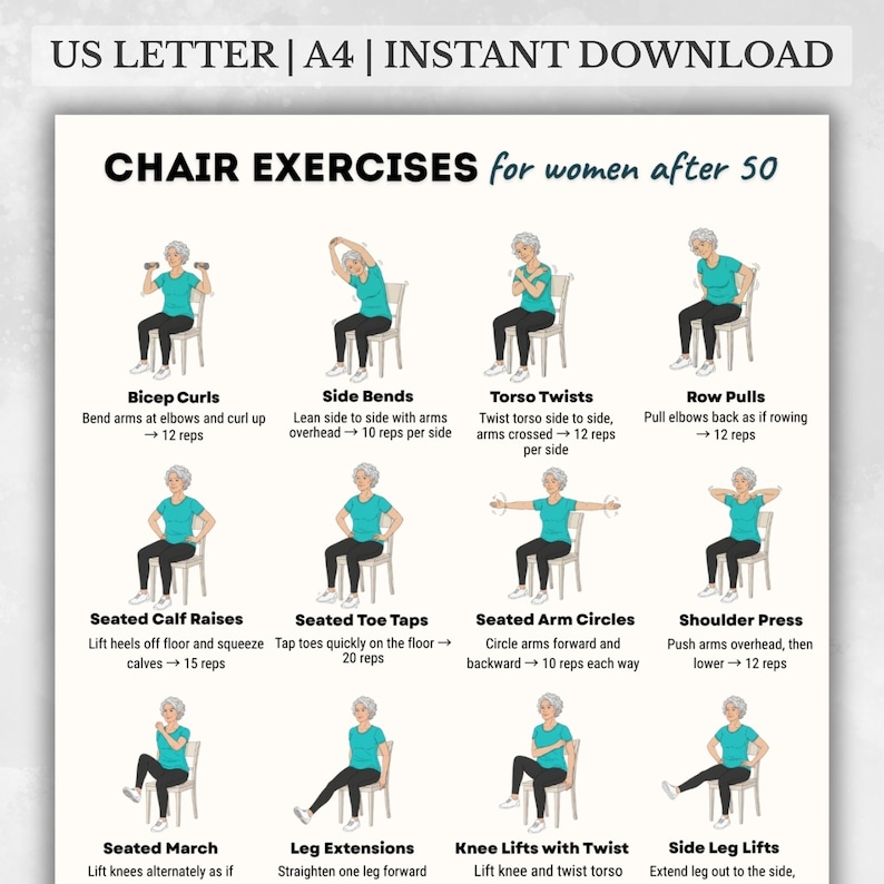 Chair Exercises for Women After 50 Printable | Seated Workout Chart ...