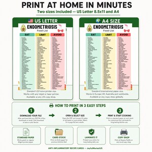 May include: A digital printable guide titled Endometriosis Food List, featuring columns for Eat, Limit, and Avoid foods. The document includes two versions, US Letter 8.5x11 inches and A4, with instructions on how to download, select size, and print at home.