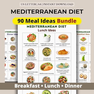 Op de afbeelding: Een digitale download met een mediterrane dieetmaaltijdplan met 90 maaltijdideeën. De afbeelding toont ontbijt-, lunch- en dineropties, waaronder kommen, wraps en toast. De tekst bevat "US Letter | A4 | Direct downloaden."