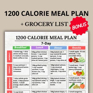 "1200 Calorie Meal Plan PDF – 7-day printable meal schedule including breakfast, lunch, dinner, and snack. Designed for daily structure and portion control. Includes a bonus grocery list with all ingredients organized by food category. Ideal for meal prep, calorie tracking, and weekly menu planning. Comes in A4 and US Letter formats. Perfect for those following a 1200 calorie per day routine.