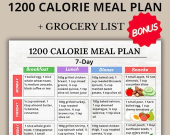 1200 Calorie Meal Plan PDF, 1200 Calories Diet Food List, 1200 Calorie Meal Prep, 1200 Calorie Grocery List, 1200 Calorie Printable Planner
