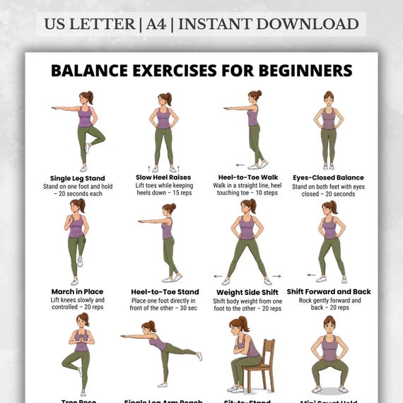 Balance Exercises for Beginners | Standing Balance Workout | Stability Training at Home | Beginner Balance Routine Chart Printable
