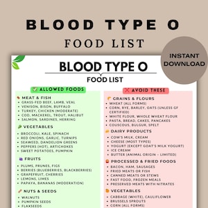 Blood Type O Food Chart, Type O Grocery List Printable, Shopping List PDF, Organized Food List for Weekly Planning