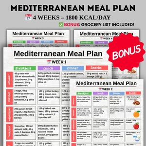 Mediterranean Meal Plan Printable PDF, 4 Week Mediterranean Menu Planner, Grocery List Included, Mediterranean Diet Meal Planner