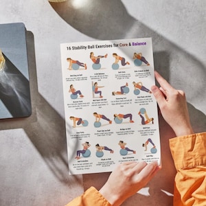 Op de afbeelding: Een wit bedrukt vel met de titel "16 Stabiliteitsbaloefeningen voor Core & Balance" wordt door een persoon vastgehouden. Het vel bevat ge&iuml;llustreerde oefeningen met instructies. De oefeningen omvatten Bird Dog, V-Sit Balance, Roll-Outs en Side Crunch.